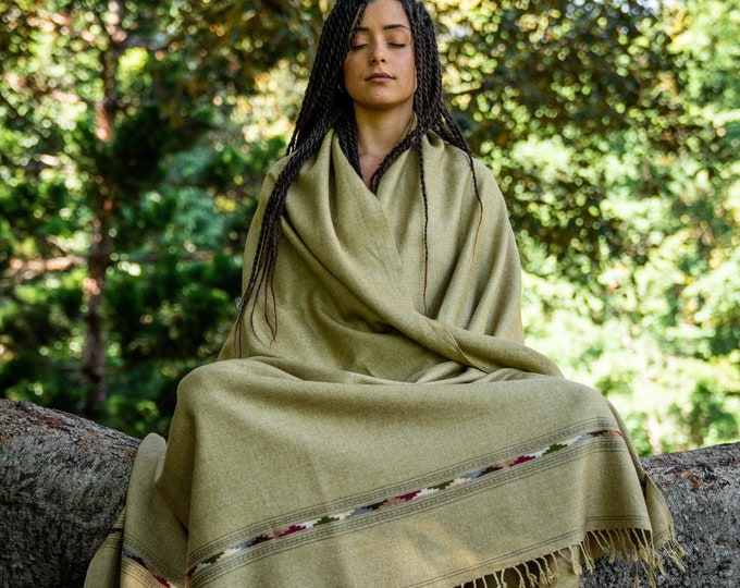 TATHAGATHA Light Green Oversized Meditation Shawl Handwoven Pure Cashmere Wool Embroidered Blanket Handmade Winter Zen Wrap Himalayan AJJAYA