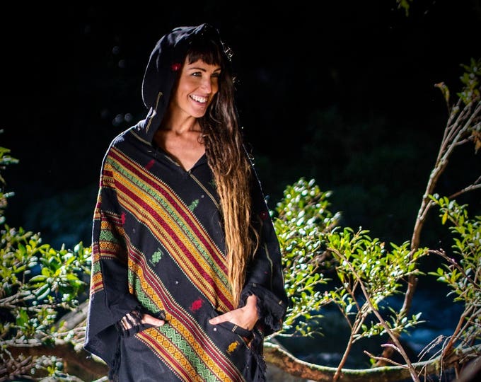 Black Cashmere Handmade Poncho with Hood, Earthy Tribal Pattern Festival Gypsy AJJAYA Winter Warm Primitive Nomadic Mexican with pockets