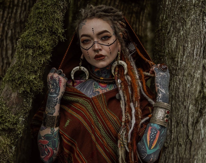 HODDI Hooded Poncho Brown Tribal Cashmere and Acrylic Wool Embroidery Pockets Gypsy Fairy Boho Festival Nomadic Primitive Hippie AJJAYA