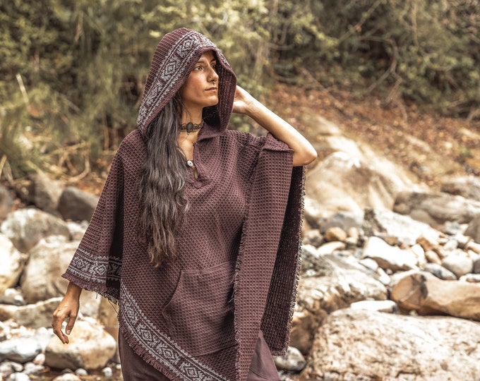 VECHO Brown Womens Hooded Vegan Poncho Textured Cotton with Hood Block Printed Tribal Pattern Gypsy Festival Boho ceremony ritual AJJAYA