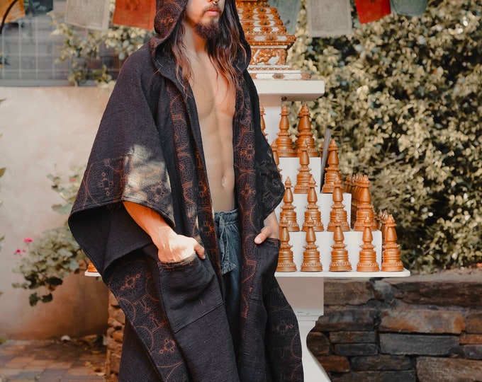 AYAWA Black Icaro Hooded Kimono Cape Poncho Robe Shipibo Sacred Patterns Ceremony Ritual Shaman Tribal Shawl Viking Festival Wrap AJJAYA