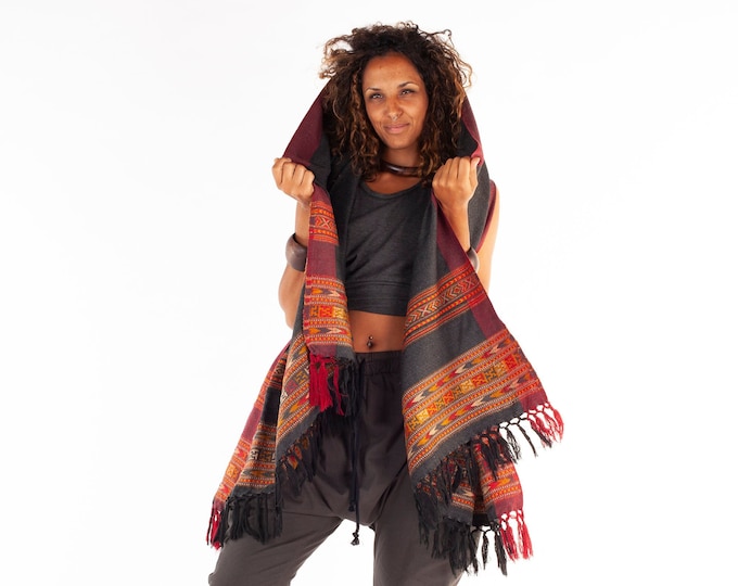 Handmade Cashmere Shawl Dark Grey wool Bohemian, nomadic embroidery AJJAYA wrap blanket Tribal Gypsy Boho Primitive Festival embroidered