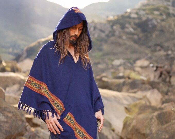 UPEKKHA Mens Hooded Poncho with Hood Indigo Purple Handwoven Pockets Cashmere and Acrylic Wool Tibet Zen Embroidery Primitive Mexican AJJAYA