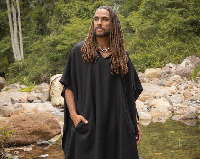 SAHAJI Poncho Black Pure Cashmere Wool Hooded Mens Long with Pockets Handmade Handwoven Viking Festival Ceremony Gypsy Boho Mexican AJJAYA