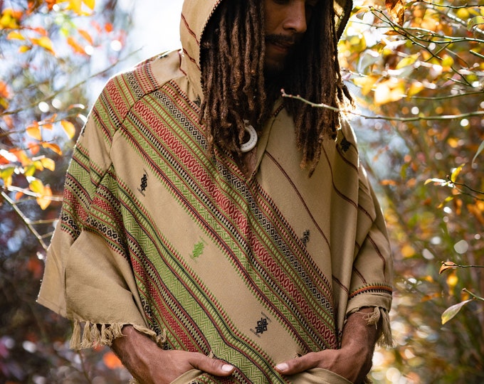 Mens Hooded Poncho Desert Sand Brown Cashmere Wool with Hood pockets, Earthy Tribal Celtic Festival Gypsy AJJAYA Mexican Primitive Nomadic
