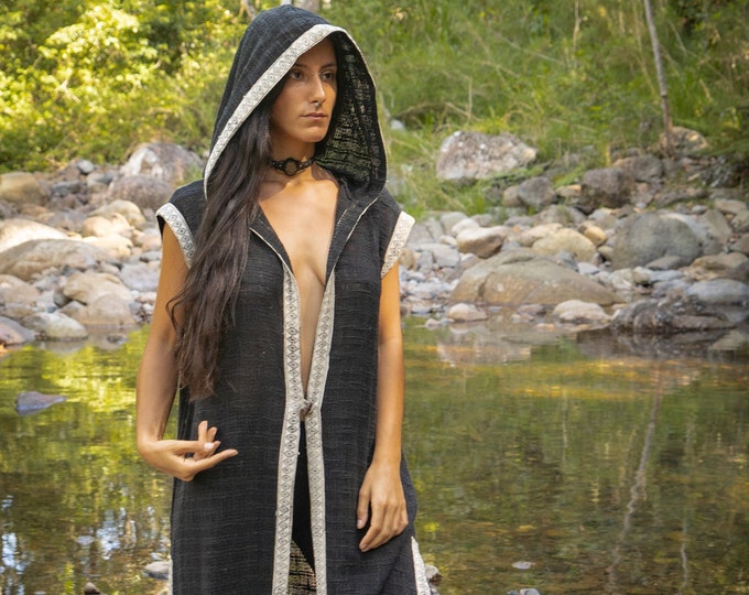 LALIKA Womens Vest Black Long Hooded Large Hood Natural Netted Cotton Festival Ceremony Tribal Dystopian Cyberpunk Steampunk Gypsy AJJAYA