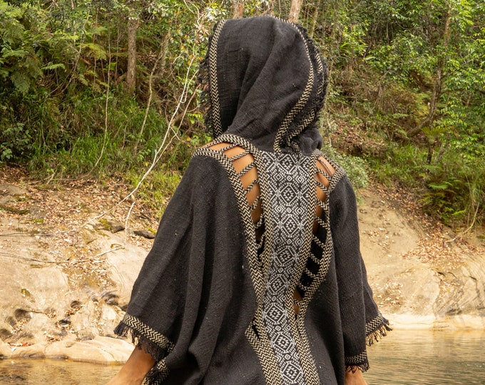 WIZARD Womens Hooded Kimono Vest Beige Tribal Ritual Ceremony Shamanic Gypsy Festival Magic Ritual Alchemy Primitive Rave Boho Earthy AJJAYA