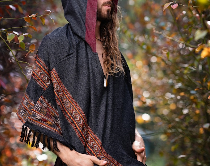 SAMADHI Mens Hooded Poncho Large Hood Yak Wool and Acrylic Wool Blend Dark Grey Tribal Embroidery Celtic Boho Festival Rave Mexican AJJAYA