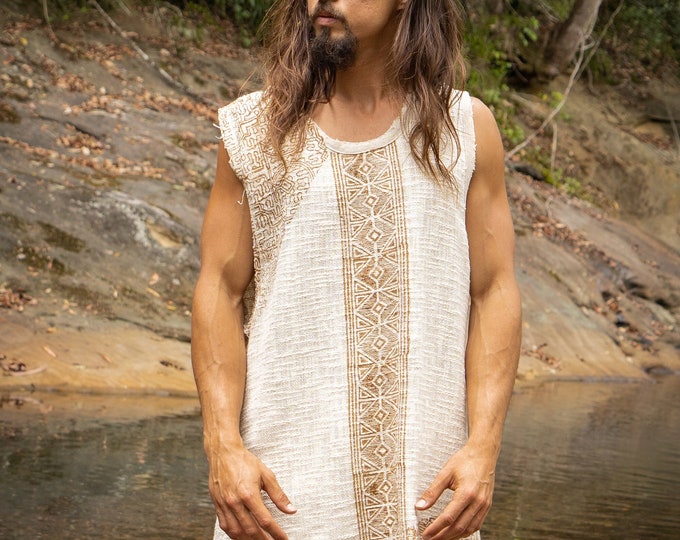 AKAU Beige Tank Top Sleeveless Shirt Shipibo Block Printed Handmade Natural Muscle Cotton Shamanic Tribal Festival Ceremony Ritual AJJAYA