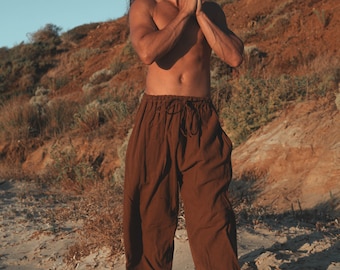 YUGI Maroon Mens Cotton Yoga Pants Natural Plant Dyed Pockets Yogi Breathable Gym Straight Trousers Flexible Drawstring Festival Rave AJJAYA