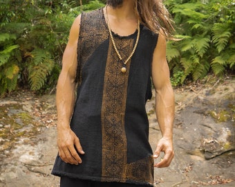 AKAU Tank Top Black Sleeveless Shirt Shipibo Block Printed Handmade Natural Muscle Cotton Shamanic Tribal Festival Ceremony Ritual AJJAYA