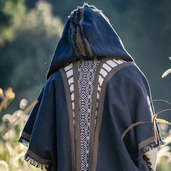 Mens Hooded Kimono Vest Black Alchemist Wizard Sorcerer Tribal Ritual Ceremony Gypsy Festival Magic Magia Alchemy Primitive Rave Boho AJJAYA