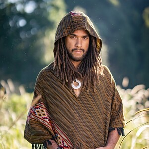 JHANA Hooded Poncho with Pockets Golden Black Cashmere Yak Wool and Acrylic Wool Handmade Celtic Embroidery Primitive Festival AJJAYA Mens