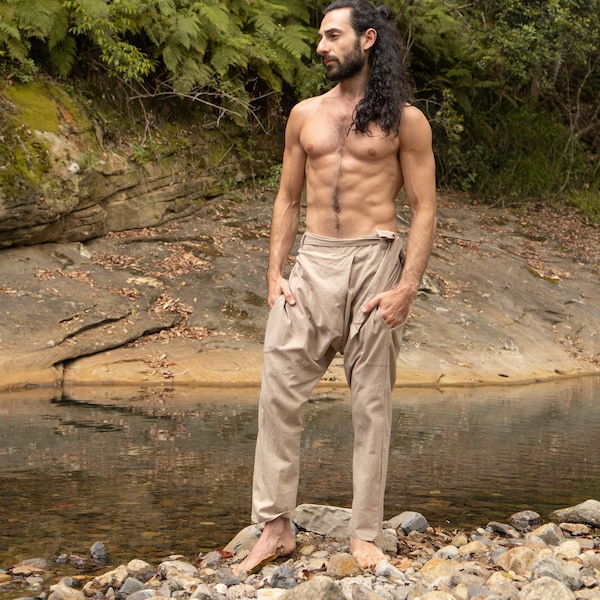 Pantalon homme coton entrejambe bas Beige harem Alibaba yoga confortable respirant taille unique coupe ample Festival Boho hippie naturel terreux AJJAYA