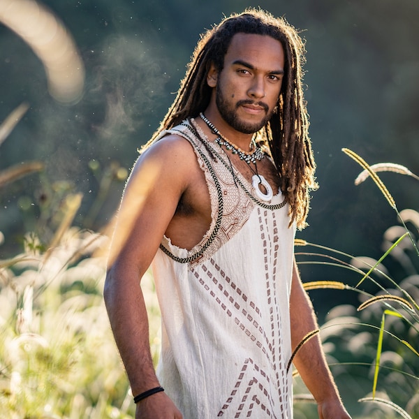 MUKTI Beige Débardeur sans manches pour hommes Shipibo et Block Print combo sur coton chemise de festival gitane ethnique éclectique Tribal respirant AJJAYA