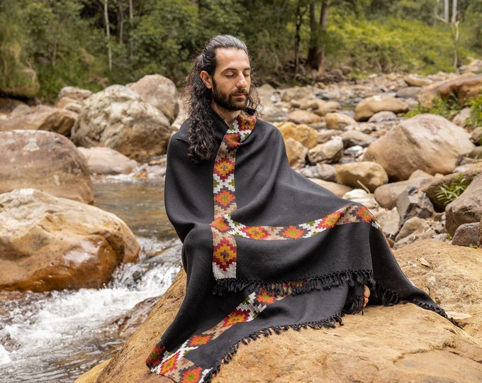 SADHU Black Handwoven Shawl Wool Meditation Prayer Scarf Blanket Premium Pure Cashmere Winter Tribal Zen Embroidery Boho Wrap AJJAYA