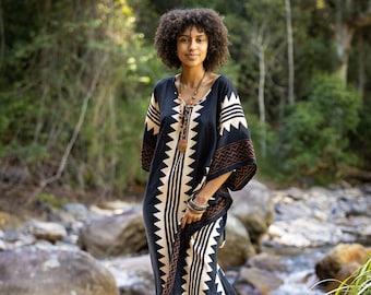 ELGA Kaftan Maxi Long Dress Soft Breathable Rayon Fabric Tribal Black White African Patterns Boho Festival Elegant Shamanic AJJAYA