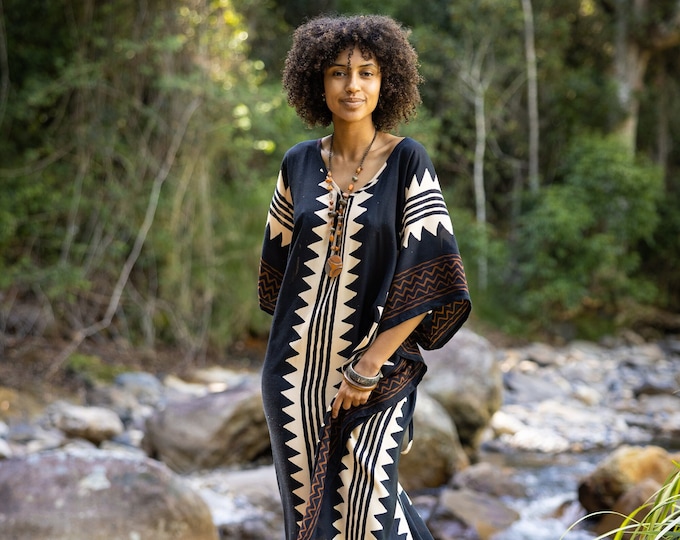 ELGA Kaftan Maxi Long Dress Soft Breathable Rayon Fabric Tribal Black White African Patterns Boho Festival Elegant Shamanic AJJAYA