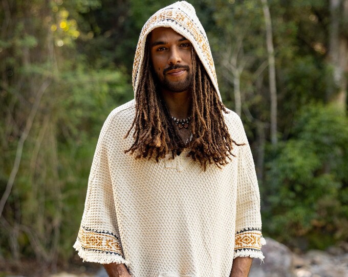 VECHO Poncho Beige Mens Hooded Vegan Textured Cotton with Hood Block Printed Tribal Pattern Gypsy Festival Boho ceremony ritual AJJAYA