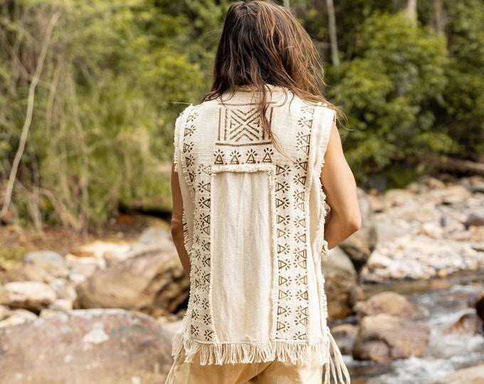 TAONGA Mens Vest Beige Cotton With Pocket Block Printed Tribal Patterns Handmade Naturally Dyed Earthy Viking Primitive Goa Festival AJJAYA