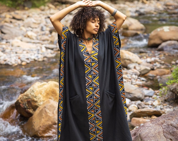 KAFATU Womens Black Kaftan Dress Maxi African Tribal Patterns Handmade Robe Natural Cotton with Pockets Ceremony Ritual Festival Boho AJJAYA