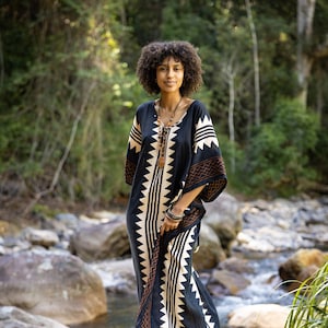 ELGA Kaftan Maxi Long Dress Soft Breathable Rayon Fabric Tribal Black White African Patterns Boho Festival Elegant Shamanic AJJAYA image 1