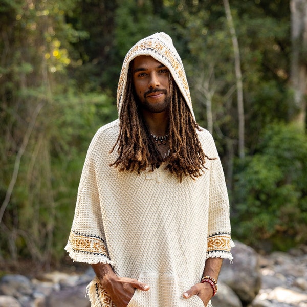 VECHO Poncho Beige Mens Hooded Vegan Textured Cotton with Hood Block Printed Tribal Pattern Gypsy Festival Boho ceremony ritual AJJAYA