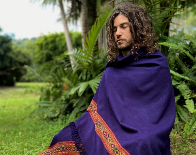 UPEKKHA Shawl Indigo Purple Handwoven Cashmere and Acrylic Wool Meditation Prayer Scarf Wrap Blanket Tibetan Zen Embroidery Boho AJJAYA