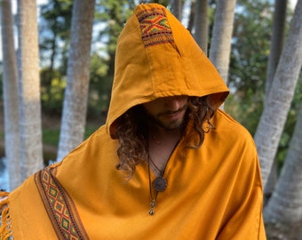 UPEKKHA Hooded Poncho with Hood Turmeric Orange Handwoven Pockets Cashmere and Acrylic Wool Tibetan Zen Embroidery Primitive Mexican AJJAYA