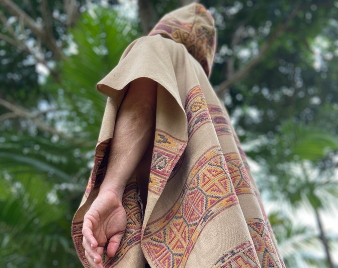 Mens Hooded Poncho Long Cinnamon Brown Cashmere Wool Tribal Embroidery, Large Hood, Pockets, Hippie, Primitive, Gypsy, Boho festival AJJAYA