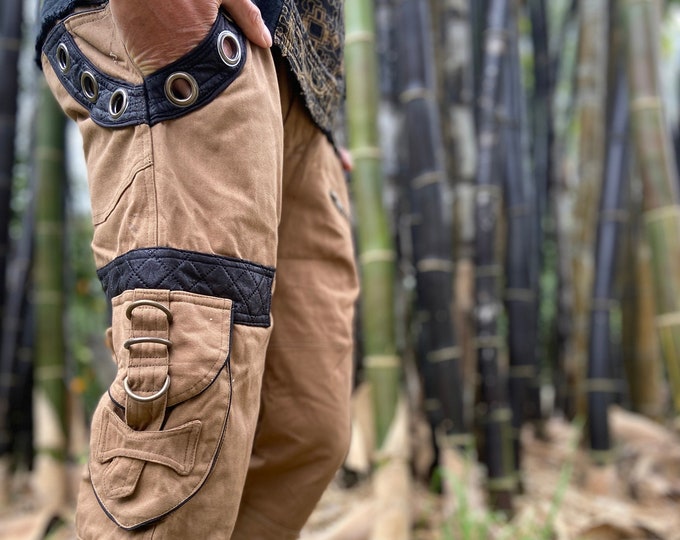 DAKRU Brown Cargo Mens Pants Shorts Knee High Tactical Functional Many Pockets Festival Tribal Nomadic Rave Steampunk Short Trousers AJJAYA