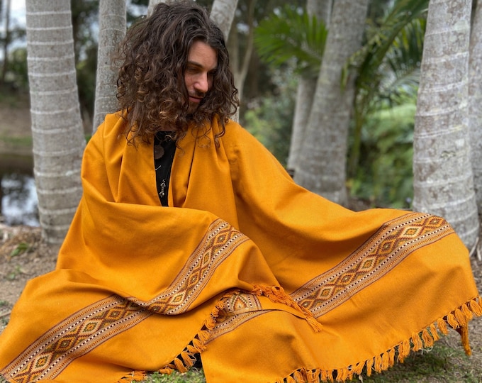 UPEKKHA Shawl Turmeric Orange Handwoven Cashmere and Acrylic Wool Meditation Prayer Scarf Wrap Blanket Tibetan Zen Embroidery Boho AJJAYA