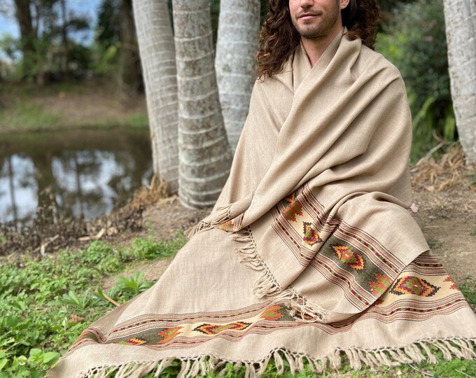 MUDITA Shawl Light Brown Handwoven Wool Meditation Prayer Scarf Blanket Premium Pure Cashmere Winter Tribal Zen Embroidery Boho AJJAYA