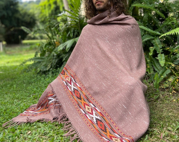 KARUNA Shawl Sienna Brown Handwoven Wool Meditation Prayer Scarf Blanket Premium Pure Cashmere Winter Tribal Zen Embroidery Boho AJJAYA