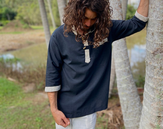 AKUNA Organic Hemp and Cotton Mens Top Black, Handmade, Eco friendly Sustainable Durable Comfortable Earthy Gypsy Ceremony Festival AJJAYA