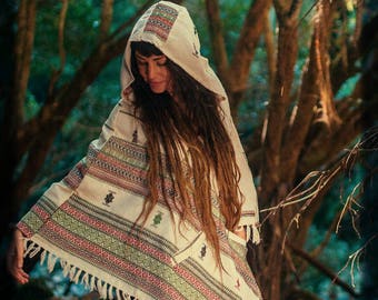 HODDI Beige Handmade Poncho with Hood Cashmere and Acrylic Wool, Earthy Tribal Pattern Festival Gypsy AJJAYA Boho Primitive Mexican pockets