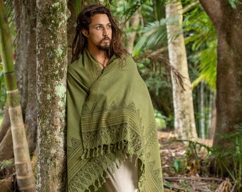 SAMANA vert méditation châle coton écharpe Sarong plage Longi Eco naturel plante colorant bloc imprimé motif Tribal Gyspy Boho primitif AJJAYA