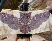 Wise Owl Bird Wings Pashmina Sarong Scarf, Totem Festival Shawl Gypsy Bohemian Clothing Digital Printing Nature Feather Ajjaya Rave Wingspan