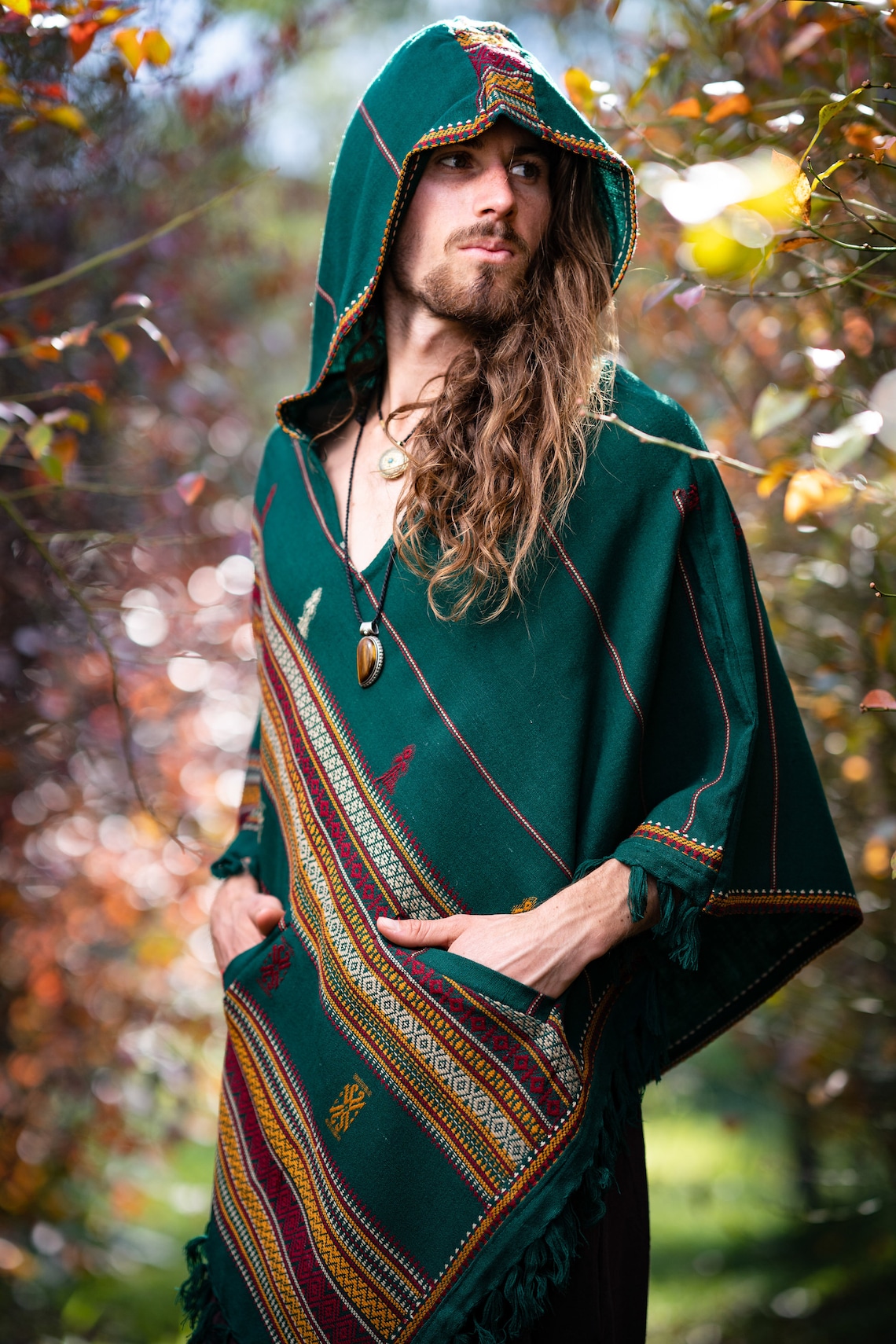 Mens Hooded Poncho Green Cashmere Wool Pockets Tribal | Etsy
