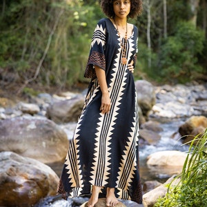 ELGA Kaftan Maxi Long Dress Soft Breathable Rayon Fabric Tribal Black White African Patterns Boho Festival Elegant Shamanic AJJAYA image 5