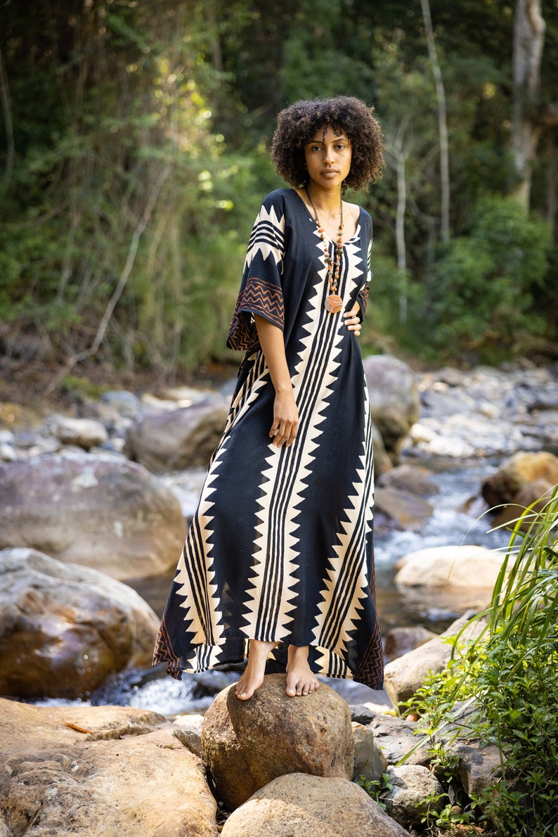 ELGA Kaftan Maxi Long Dress Soft Breathable Rayon Fabric Tribal Black White African Patterns Boho Festival Elegant Shamanic AJJAYA image 5