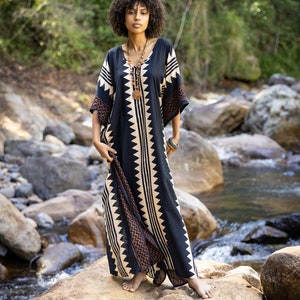 ELGA Kaftan Maxi Long Dress Soft Breathable Rayon Fabric Tribal Black White African Patterns Boho Festival Elegant Shamanic AJJAYA image 3