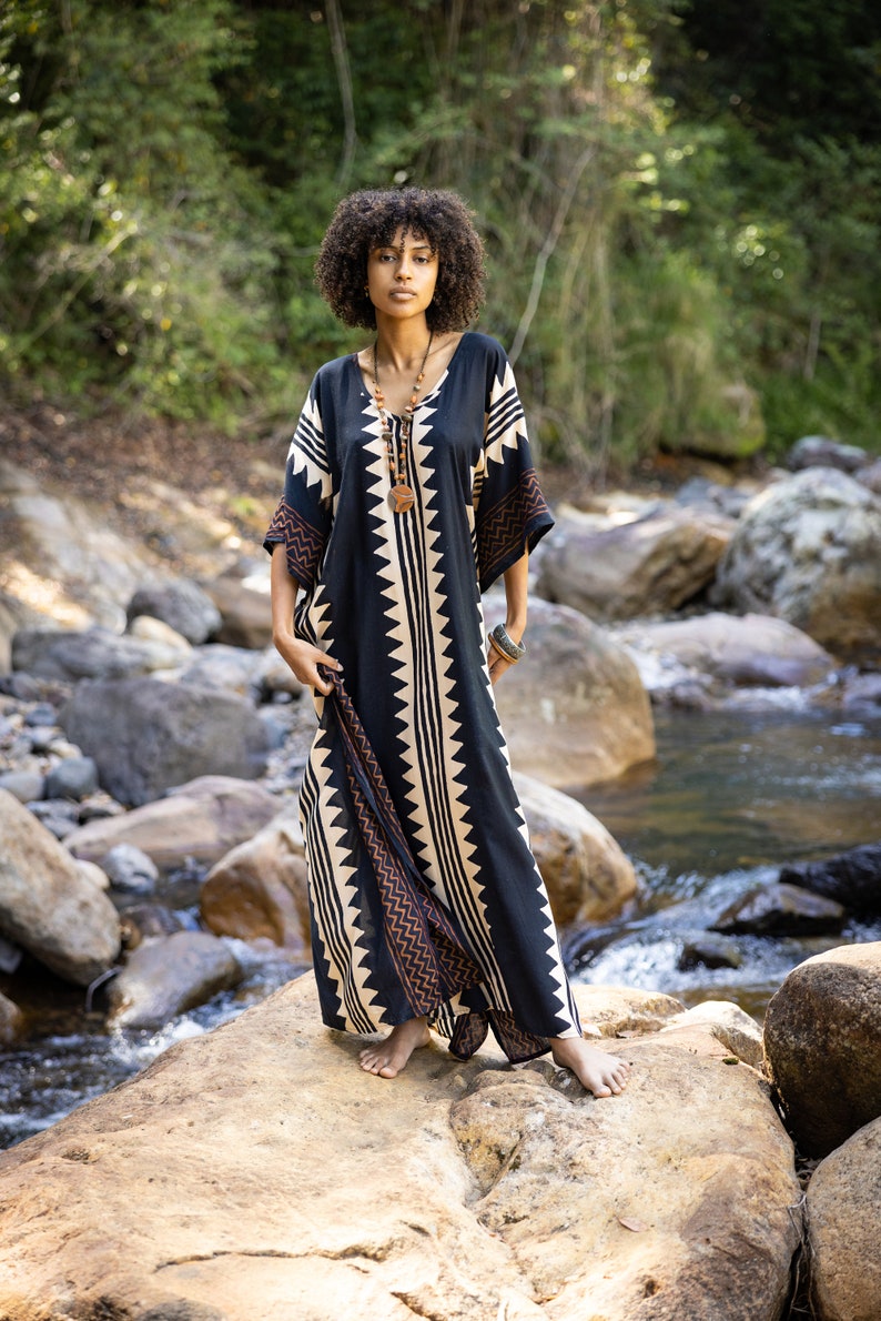 ELGA Kaftan Maxi Long Dress Soft Breathable Rayon Fabric Tribal Black White African Patterns Boho Festival Elegant Shamanic AJJAYA image 3