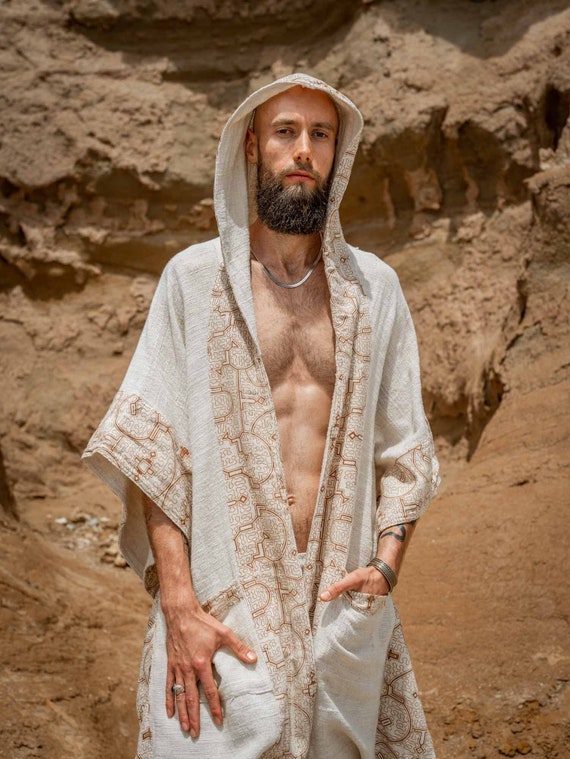 AYAWA Hooded Kimono Beige Cream Cape Poncho Robe Shipibo Etsy