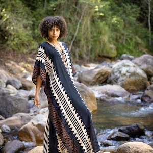 ELGA Kaftan Maxi Long Dress Soft Breathable Rayon Fabric Tribal Black White African Patterns Boho Festival Elegant Shamanic AJJAYA image 7