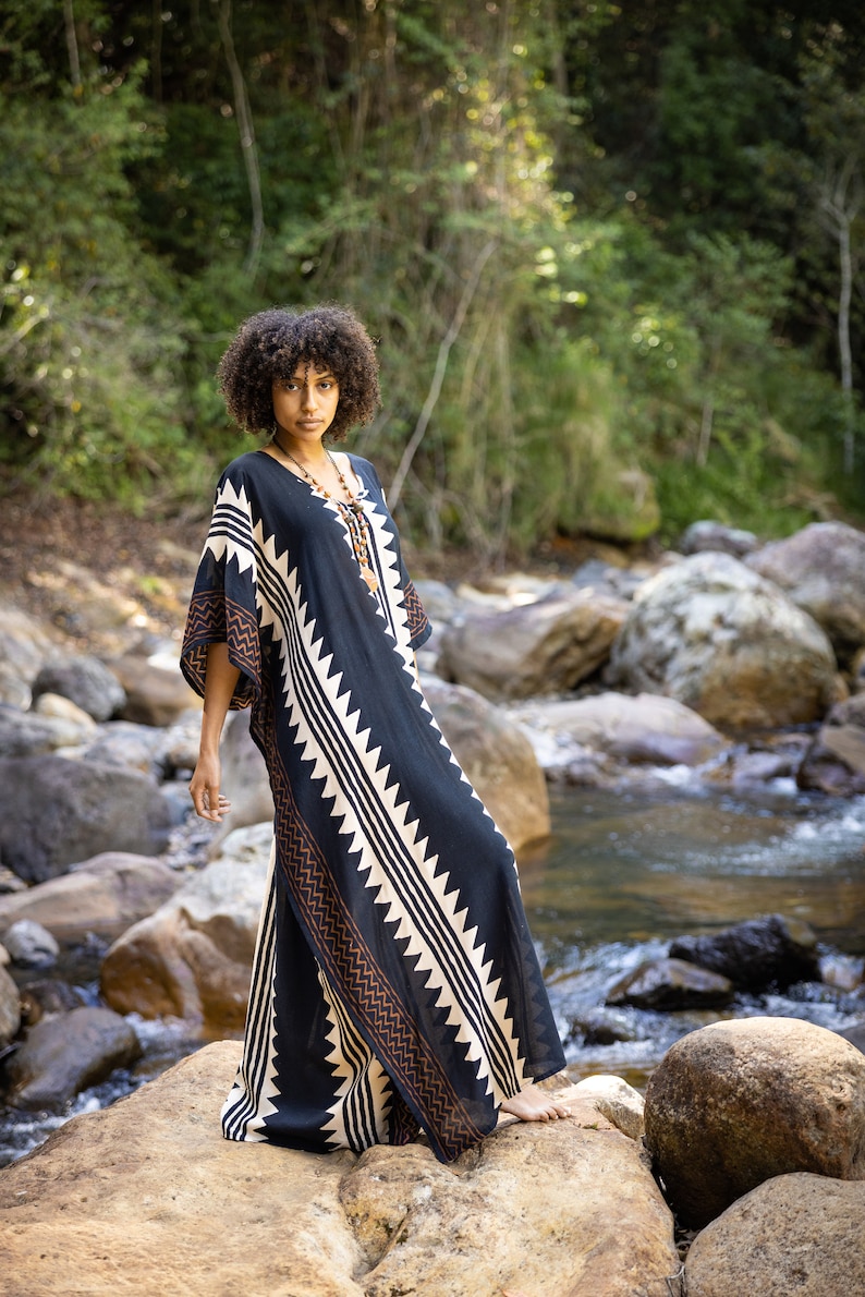 ELGA Kaftan Maxi Long Dress Soft Breathable Rayon Fabric Tribal Black White African Patterns Boho Festival Elegant Shamanic AJJAYA image 7
