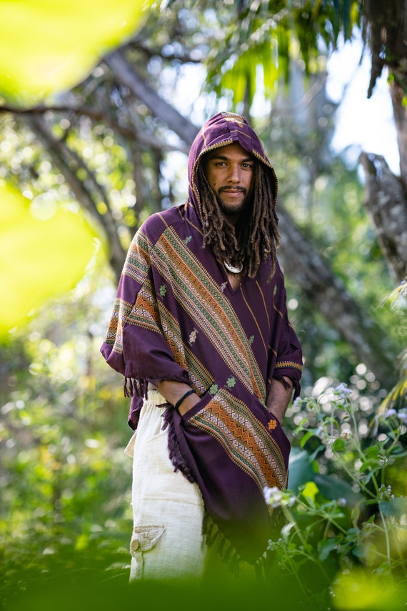 Mens Hooded Poncho Indigo Purple Maroon 
