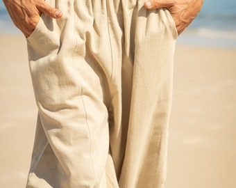 AYON Mens Cotton Yoga Pants Beige Natural Plant Dyed Two Pockets Yogi –  AJJAYA