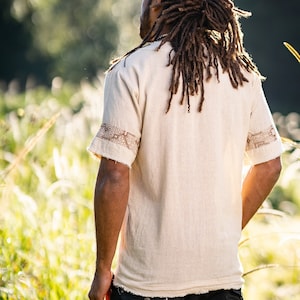 Mens WASKA Top Beige Brown Sacred Plant Shipibo Shaman Pattern T Shirt Shamanic Neo Tribal Gypsy Ritual Shaman Ethnic Handmade AJJAYA image 7