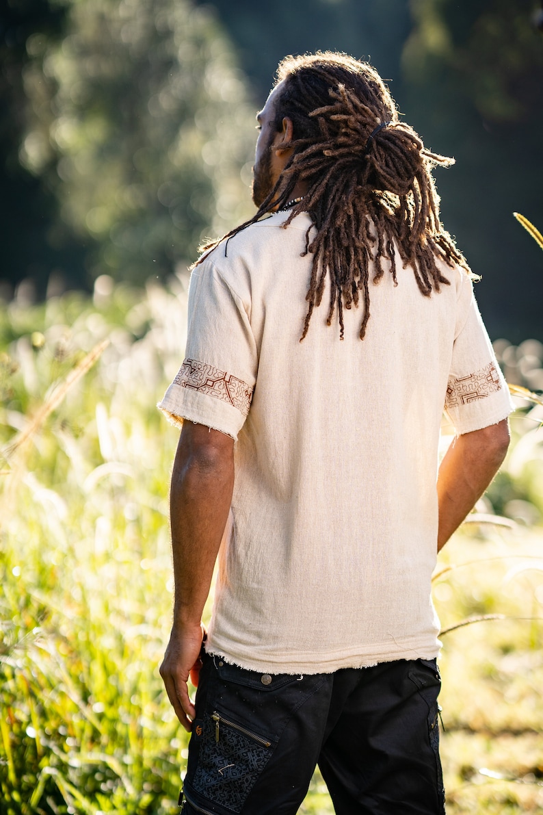 Mens WASKA Top Beige Brown Sacred Plant Shipibo Shaman Pattern T Shirt Shamanic Neo Tribal Gypsy Ritual Shaman Ethnic Handmade AJJAYA image 7